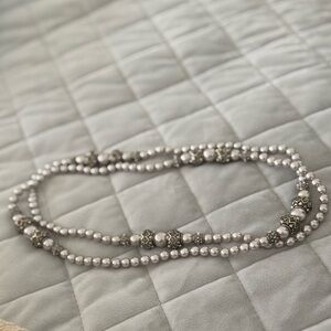 Pearl and Silver Bead Double Strand Necklace - White